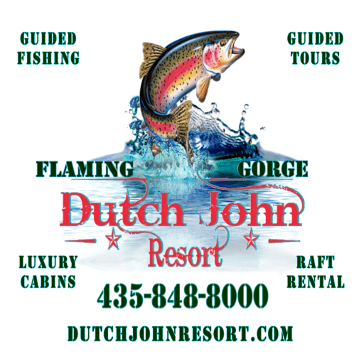 Dutch John Resort Logo Rainbow trout image jumping for a fly to eat