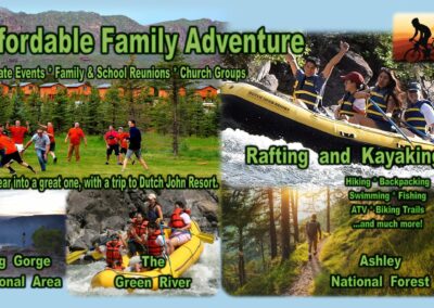 Dutch John Resort modern family Individual mountain cabins in the Green forests of Ashley National beside Flaming Gorge Reservoir. Family in multi-seat commercial river raft floating the Green river rapids by Dutch John. Large grass field with soccer teams enjoying a game with mountain cabins in the background. Happy smiling fly fisherman releasing a wild Green river Rainbow Trout. Fishing with his green river fishing guide from Dutch John Resort.