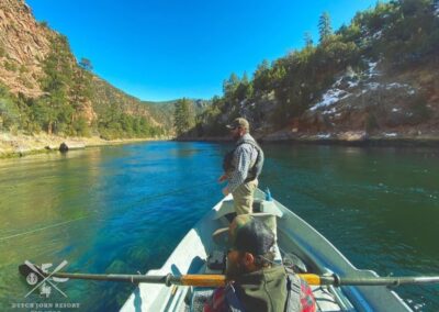 Huge Brown Trout is safely released from fishing guide drift boat back into the green river by Dutch John resort.