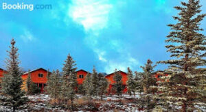 Landscape photo of luxury Mountain Cabins behind native pine trees at Dutch John Resort in Dutch John close to the Green river and Flaming Gorge dam in the Ashley National Forest.