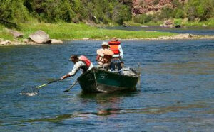 2 Fly Fishing Guests With Their Local Dutch John Green River Fishing Guide Netting A Trophy-size Size Brown Trout During A Full Day Of Fly Fishing On The Green River Tail Waters Below Flaming Gorge Dam Just 2 Miles From Dutch John Resort.