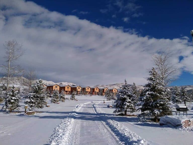 Dutch John Resort cabins in winter at Flaming Gorge